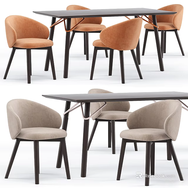 Modern Upholstered Dining Chairs In Orange And Light Gray With Dining Table 3d model 