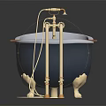 Elegant Vintage Bathtub With Gold Faucet Wooden Rack And Decorative Feet