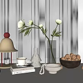 Minimalist Decorative Ornament Set With White Flowers Table Lamp Books Walnut Bowl On Window Sill