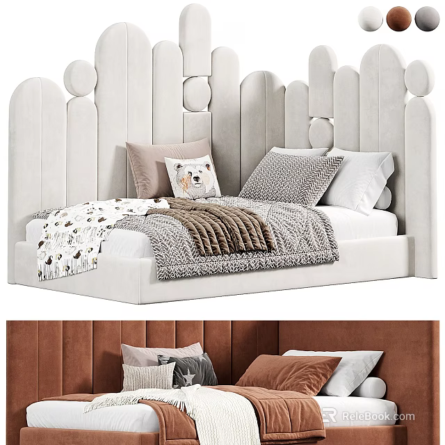 Modern Cozy Kids Bed With Upholstered Headboard Rounded Details Soft Pillows And Blanket 3d model 