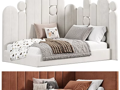 Modern Cozy Kids Bed With Upholstered Headboard Rounded Details Soft Pillows And Blanket 3d model