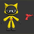 Gray Cat Character In Yellow Hoodie Standing With Red Toy Gun