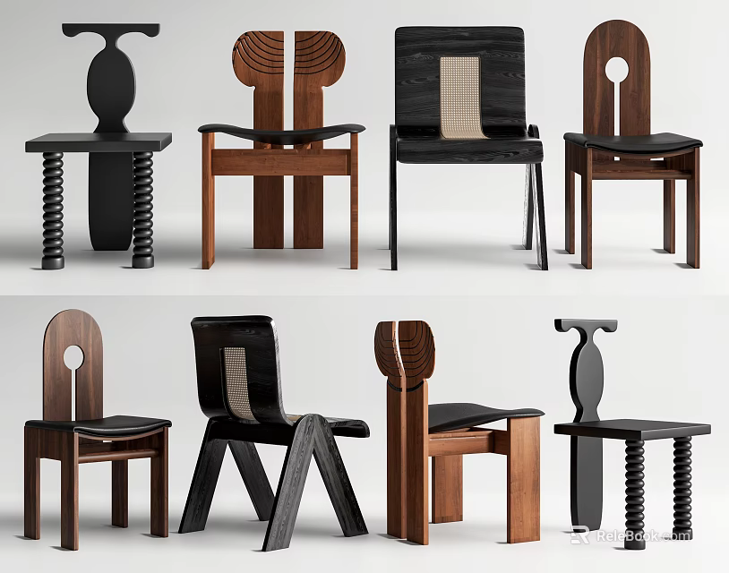 Stylish Modern Dining Chairs With Unique Backrest And Distinctive Wooden Structure Design 3d model 