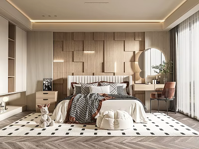 Modern Bedroom Interior With Wooden Wall Panels Upholstered Headboard And Geometric Rug 3d model