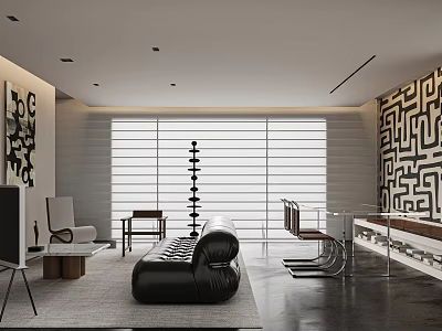 Modern Office Interior With Black Leather Sofa White Chair Large Windows And Geometric Pattern Wall 3d model