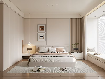 Serene Modern Bedroom Interior With Platform Bed Framed Art Built In Wardrobe And Soft Rug 3d model