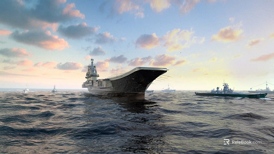 Warships And Aircraft Carrier In Ocean At Sunset 3d model 