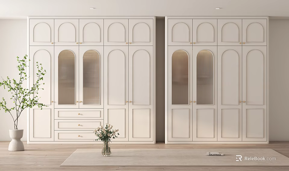 Elegant Modern White Wardrobe Interior Design With Arched Glass Doors And Drawers 3d model 