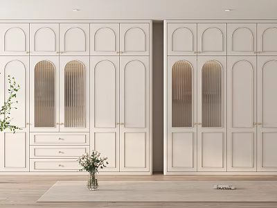 Elegant Modern White Wardrobe Interior Design With Arched Glass Doors And Drawers 3d model