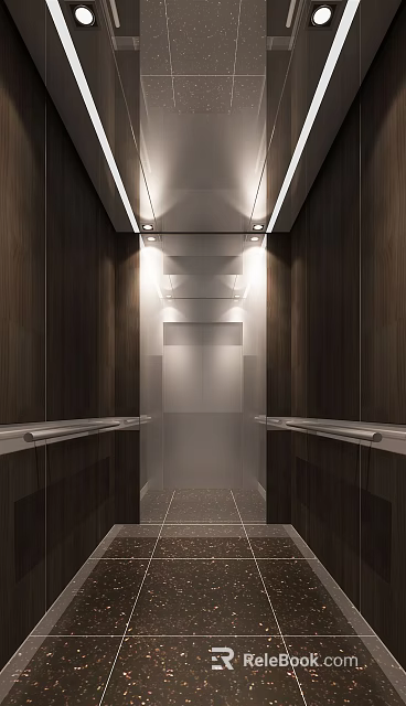 Elevator Interior With Dark Wooden Walls Handrails On Both Sides And Ceiling Lights 3d model 