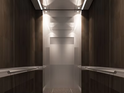 Elevator Interior With Dark Wooden Walls Handrails On Both Sides And Ceiling Lights 3d model
