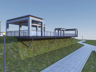 Road Facilities Featuring Covered Pavilions Railing And Paved Path On Green Slope 3d model