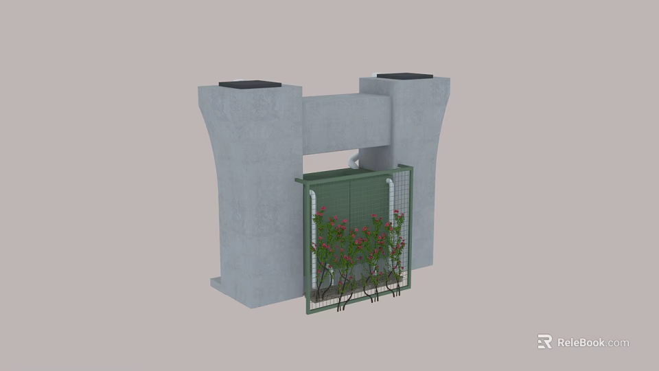 Road Infrastructure with Gray Concrete Structure and Green Mesh Featuring Red Plants 3d model