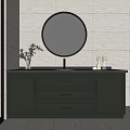 Light Green Bathroom Vanity with Black Countertop Round Mirror and Decorative Vase Candles