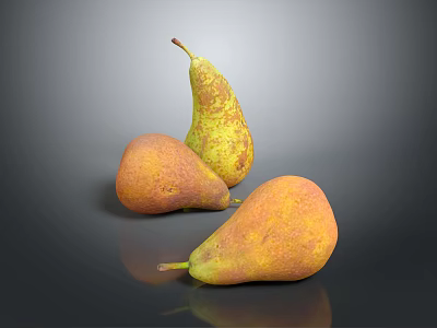 Three Yellow And Orange Speckled Pears On Black Smooth Surface With Reflections 3d model