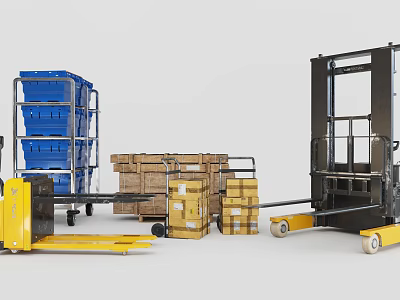 Industrial Logistics Equipment Including Yellow Pallet Truck Blue Plastic Bins And Wooden Crates 3d model