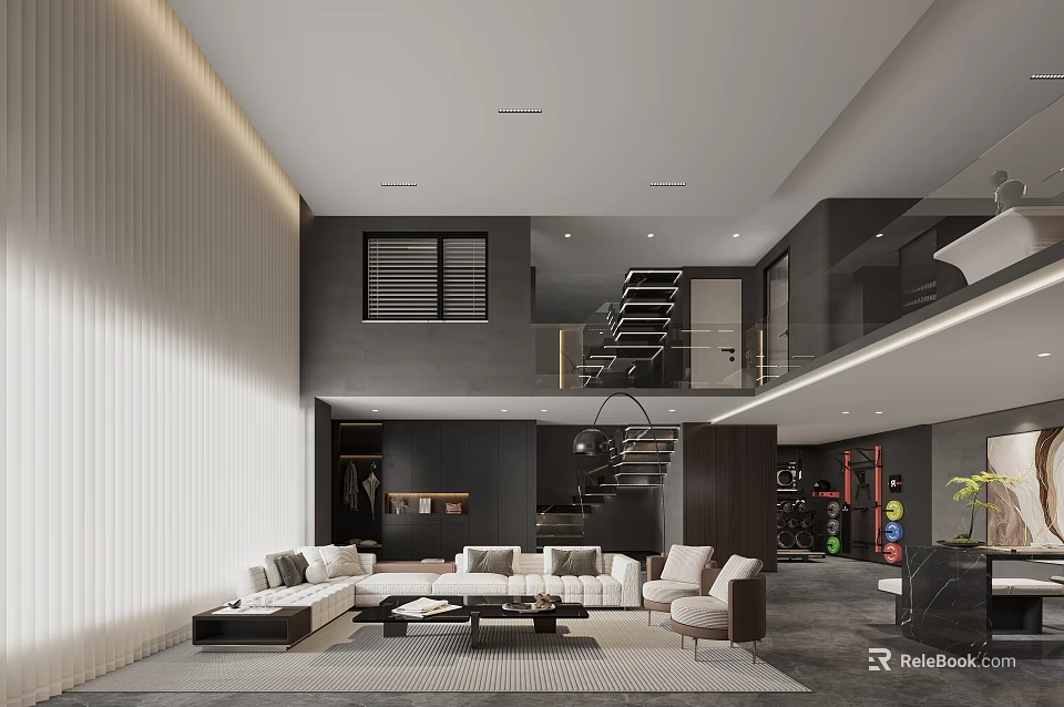 Modern Living and Dining Room Interior with Open Concept Sofa Coffee Table and Staircase 3d model 