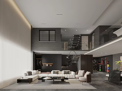 Modern Living and Dining Room Interior with Open Concept Sofa Coffee Table and Staircase 3d model
