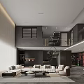Modern Living and Dining Room Interior with Open Concept Sofa Coffee Table and Staircase