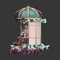 Two Animated Characters In Decorative Cage Structure With Green Grass And Red Ribbons