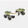 Two Green Monster Truck Toys With Big Wheels And Colorful Patterns