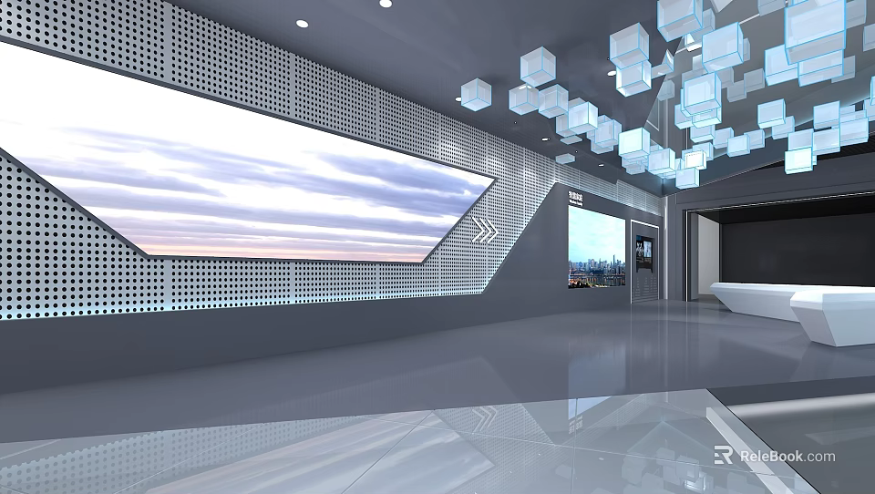 Modern Interior Space With Large Screen Perforated Wall And Cube Pendant Lights 3d model 