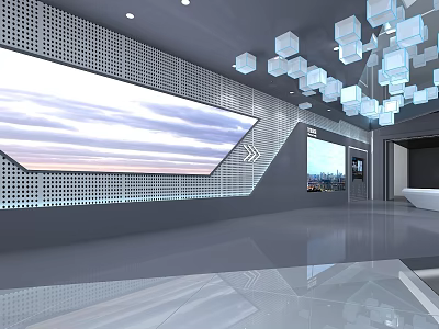 Modern Interior Space With Large Screen Perforated Wall And Cube Pendant Lights 3d model