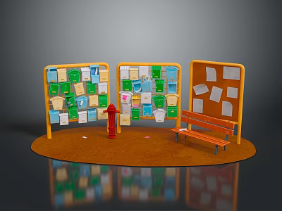Public Notice Area With Three Colorful Bulletin Boards Red Fire Hydrant And Wooden Bench 3d model