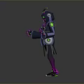 Futuristic Cyberpunk Character With Neon Green Eyes Glowing Tech Backpack Dark Coat Purple Accents
