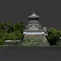 Traditional Ancient Architecture Model With Multi Tiered Tower And Lush Greenery Surroundings