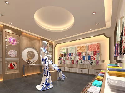 Traditional Craft Shop Interior With Blue White Porcelain Statue And Colorful Fabrics 3d model