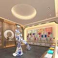 Traditional Craft Shop Interior With Blue White Porcelain Statue And Colorful Fabrics