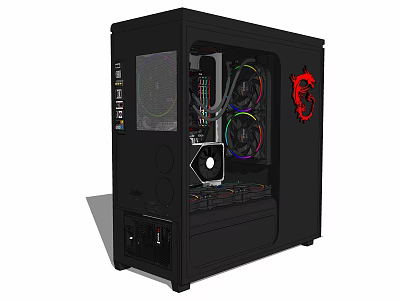 Black Gaming Computer Case with Transparent Side Panel RGB Fans and Red Logo 3d model