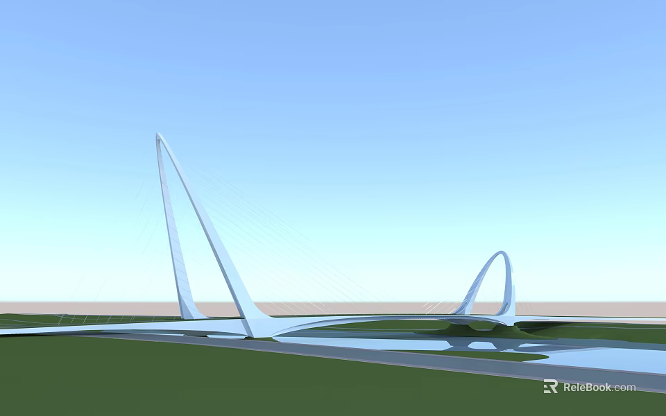 Modern Dual Arched Bridge With White Structure Against Blue Sky Over Green Landscape And Water 3d model 