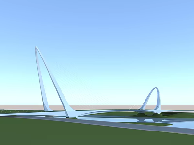 Modern Dual Arched Bridge With White Structure Against Blue Sky Over Green Landscape And Water 3d model