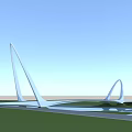 Modern Dual Arched Bridge With White Structure Against Blue Sky Over Green Landscape And Water
