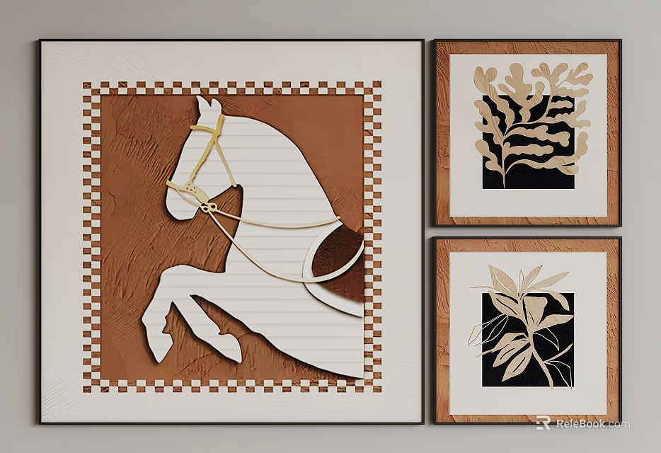 Decorative Wall Art With White Horse Checkered Background And Leaf Pattern Frames 3d model