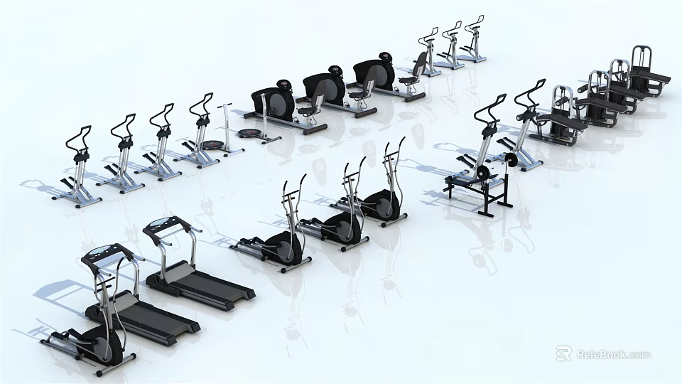 Various Sports Equipment Including Treadmills Elliptical Machines And Exercise Bikes For Fitness Training 3d model 