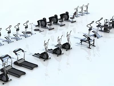 Various Sports Equipment Including Treadmills Elliptical Machines And Exercise Bikes For Fitness Training 3d model