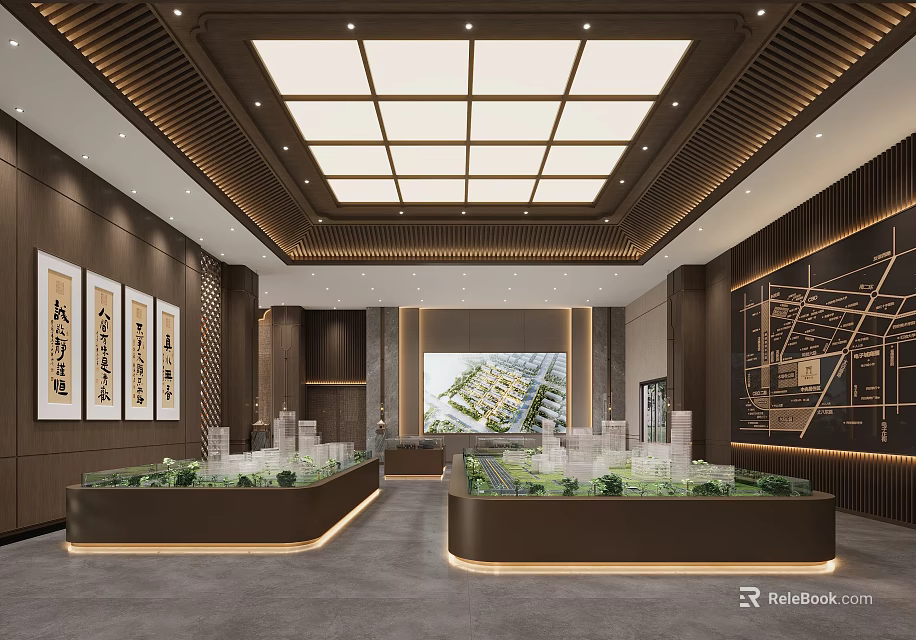 Modern Real Estate Sales Office Showroom With Property Models And Interior Design 3d model 