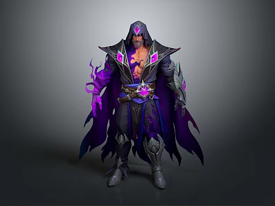 Hooded Fantasy Character With Purple Cloak Glowing Elements And Magic Staff 3d model