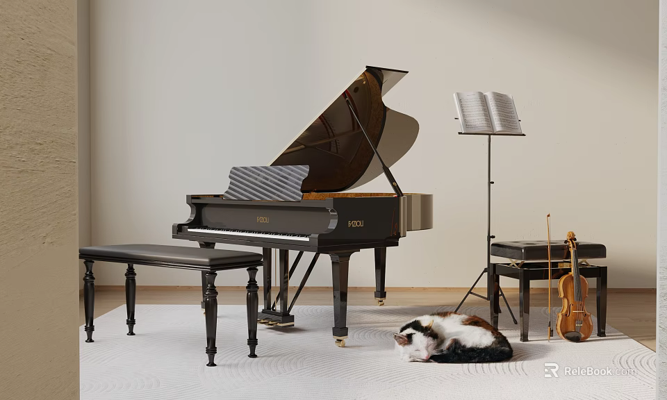 Elegant Musical Instruments Display Featuring Black Pearl Piano Violin Music Stand And Cat 3d model 