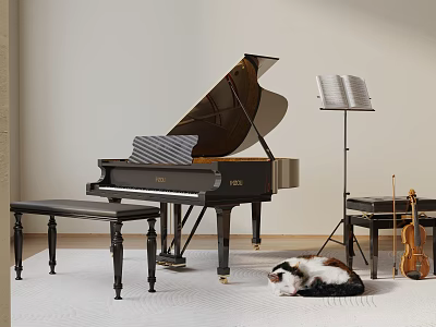 Elegant Musical Instruments Display Featuring Black Pearl Piano Violin Music Stand And Cat 3d model