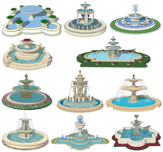 Various Decorative Multi Tiered Garden Fountains With Ornate Designs And Water Features 3d model 