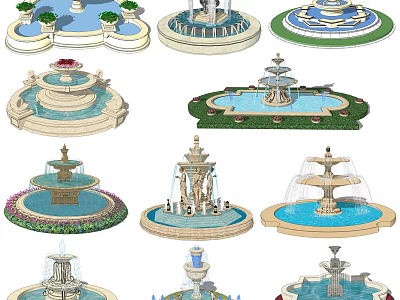 Various Decorative Multi Tiered Garden Fountains With Ornate Designs And Water Features 3d model