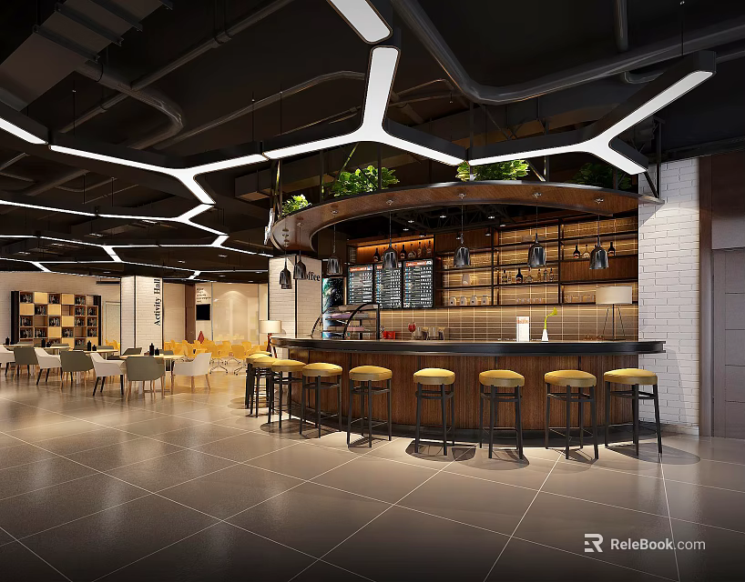 Modern Milk Tea Shop Interior With Curved Bar Counter Yellow Stools White Light Strips And Green Plants 3d model 