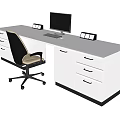 Modern White Office Desk With Computer Monitor Keyboard File Holders Office Chair And Storage Drawers