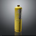 Yellow Cylindrical Gas Cylinder With Red Cap And Striped Text Design