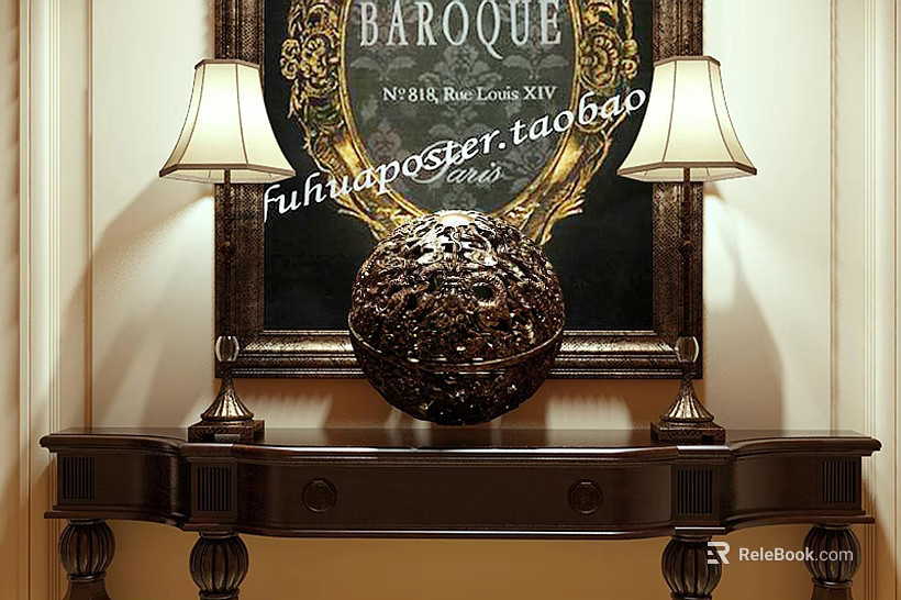 Baroque Style Table Lamps With Cream Lampshades On Dark Wooden Console Table 3d model 