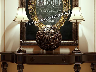Baroque Style Table Lamps With Cream Lampshades On Dark Wooden Console Table 3d model